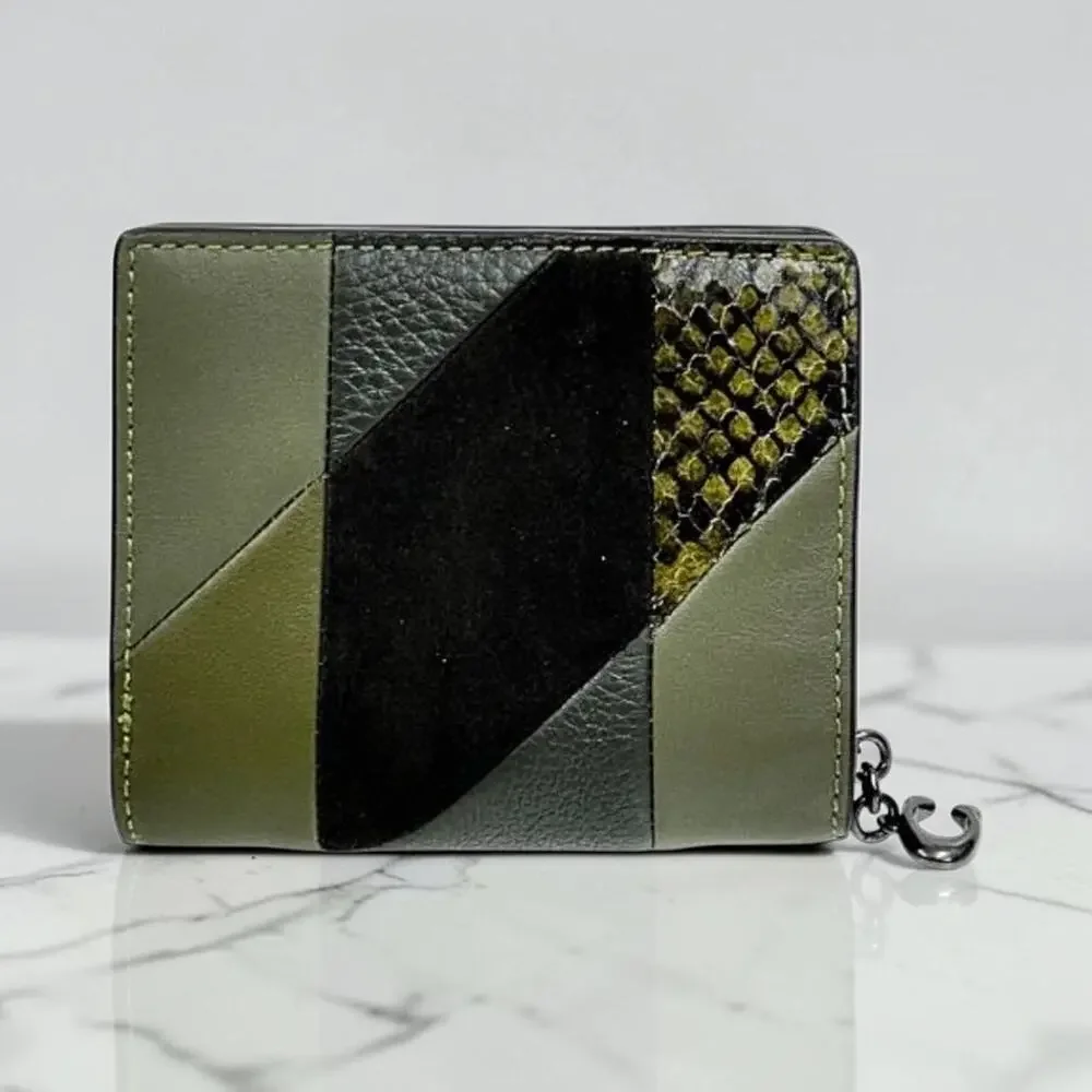 Coach Snap Wallet Patchwork Snake Print Leather CCL77 Olive Green Gold NWT